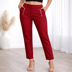 LOFT Julie Skinny Pants Red Zipper Detail Stretch Ankle Career Work Size 8